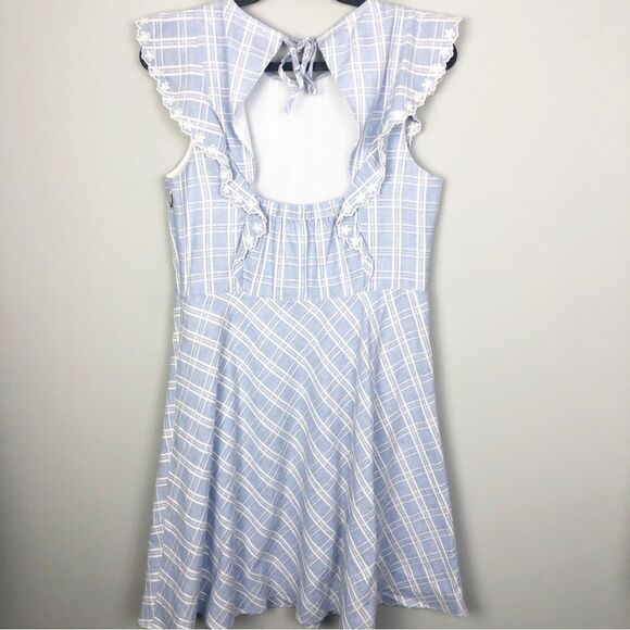 DRAPER JAMES | Linen Blend Blue Plaid Pinafore Ruffle Dress Women’s Size 10 - Picture 8 of 10